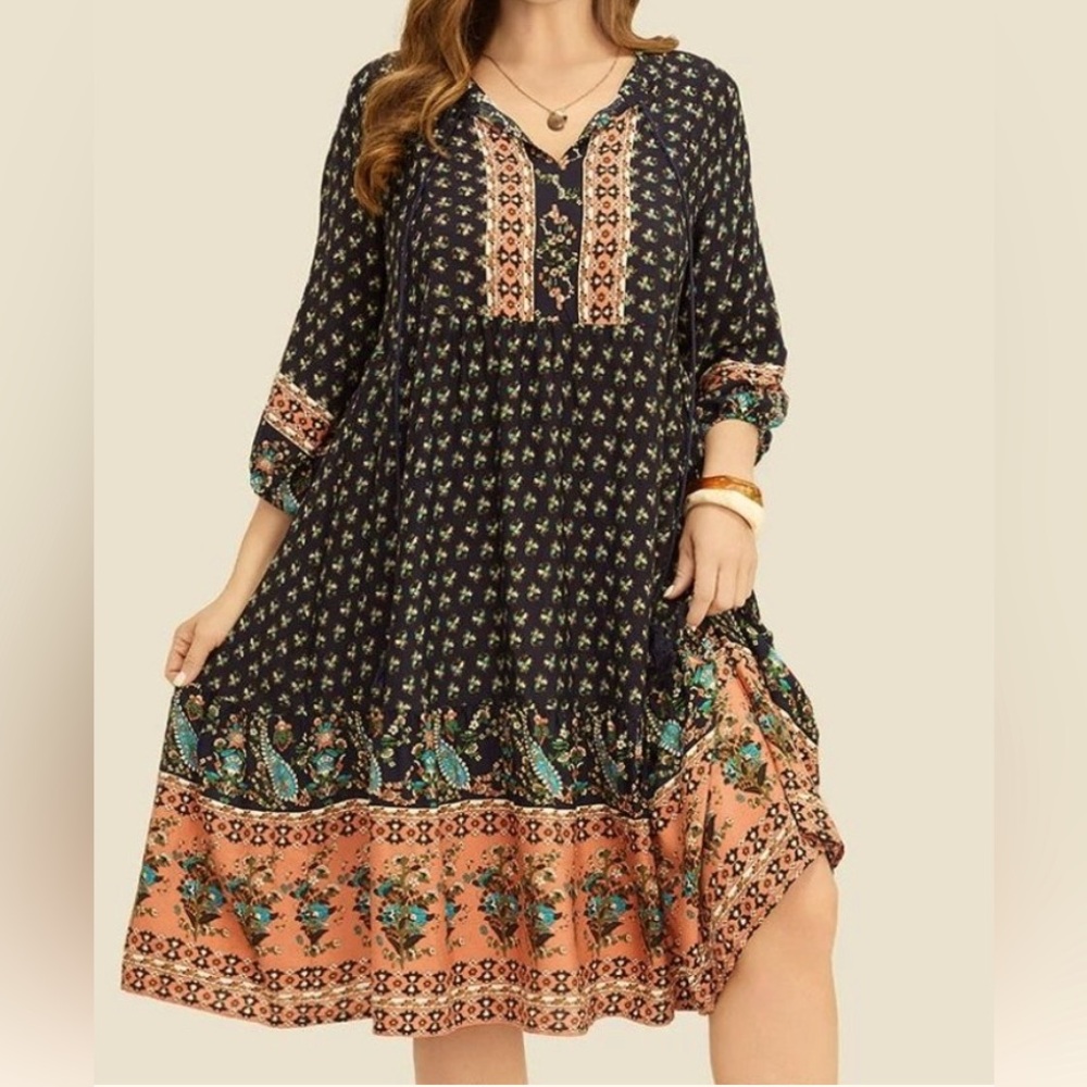 BloomChic Black and Peach Boho Floral Midi Dress